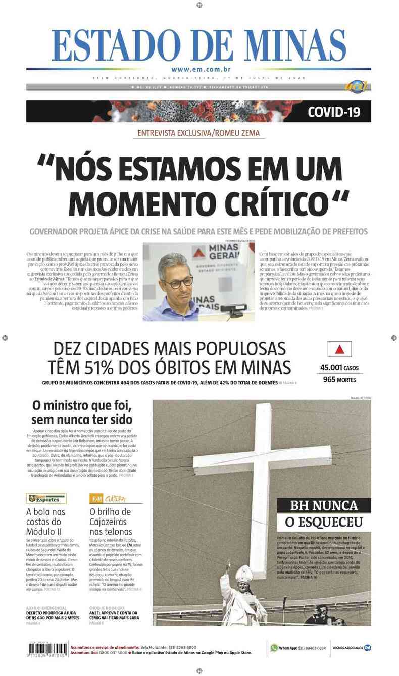 Confira a Capa do Jornal Estado de Minas do dia 01/07/2020(foto: Estado de Minas)