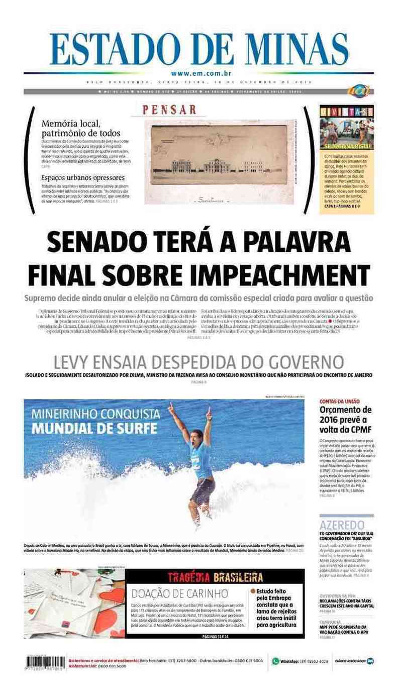Confira a Capa do Jornal Estado de Minas do dia 18/12/2015