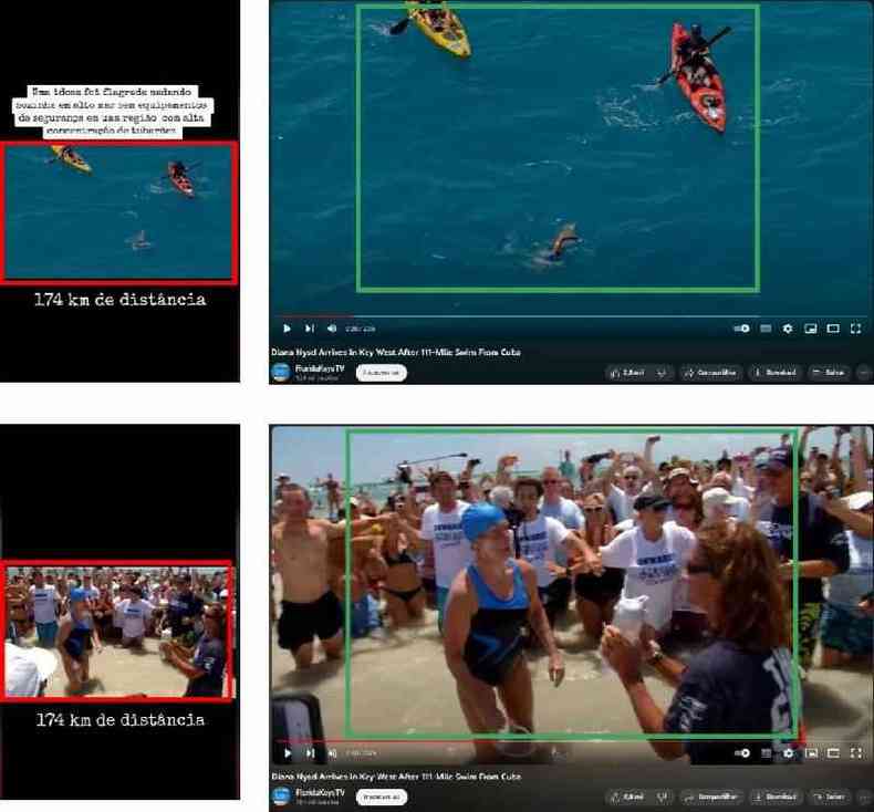Capturas de telas feitas em 28 de setembro de 2023 de publicaes viralizadas no TikTok (E) e o vdeo do canal Florida Keys TV no YouTube