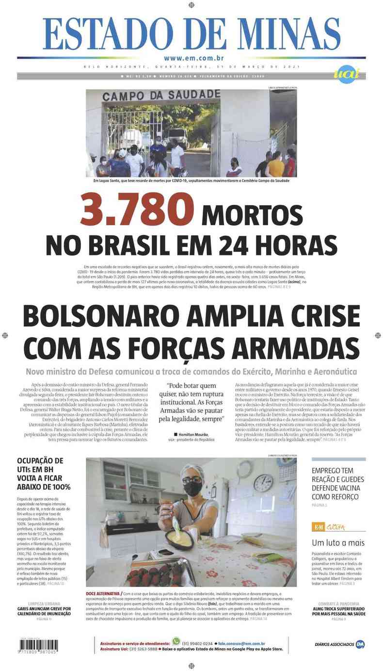 Confira a Capa do Jornal Estado de Minas do dia 31/03/2021(foto: Estado de Minas)