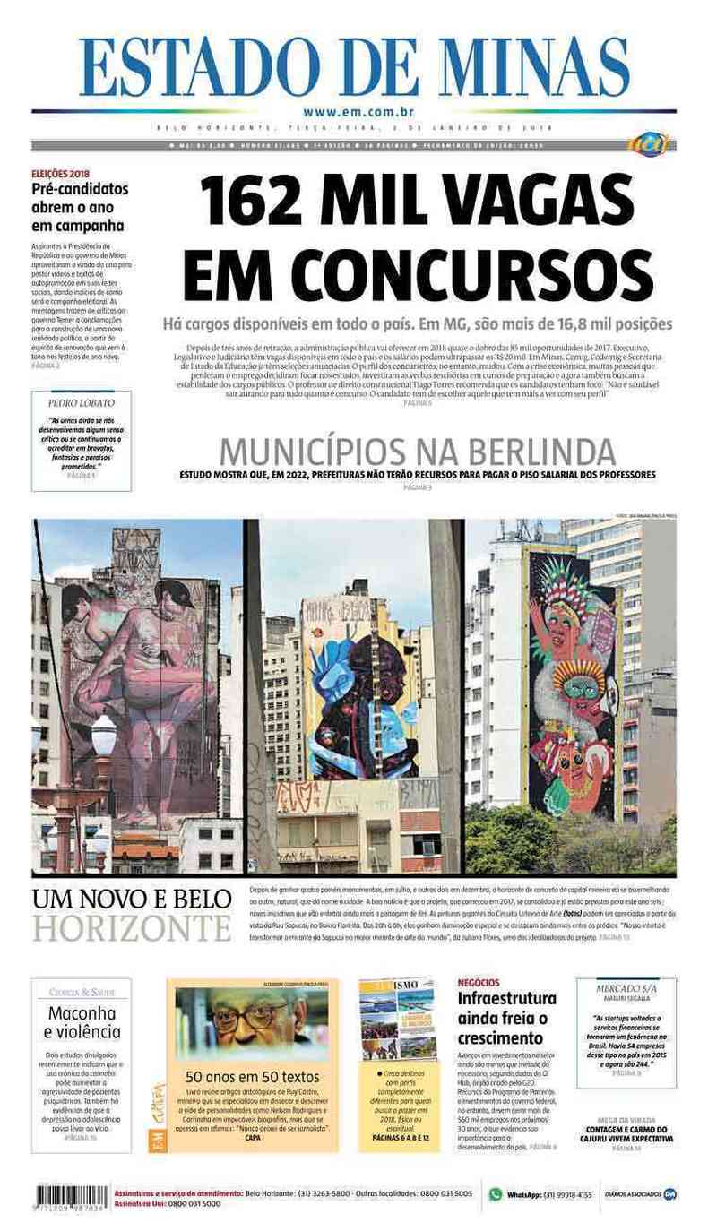 Confira a Capa do Jornal Estado de Minas do dia 02/01/2018