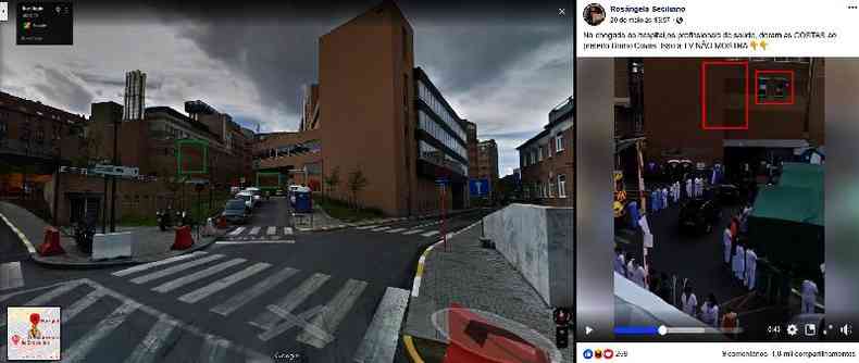 Comparao entre imagem de satlite do Hospital Universitrio Saint-Pierre, retirada do Google Maps, e vdeo publicado no Facebook