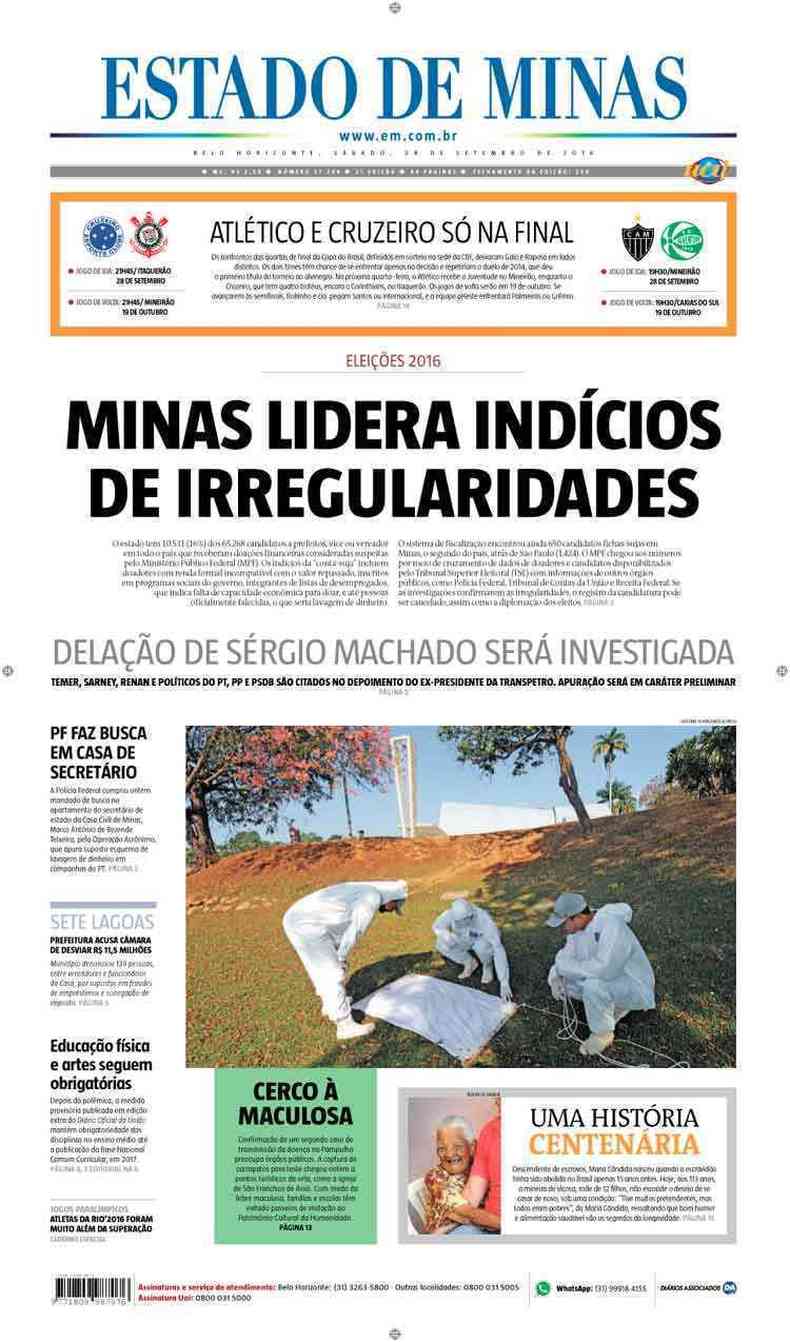 Confira a Capa do Jornal Estado de Minas do dia 24/09/2016