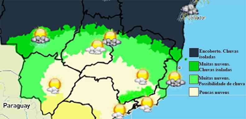 Mapa de previso do tempo em Minas Gerais do inmet mostra chuvas no norte do estado