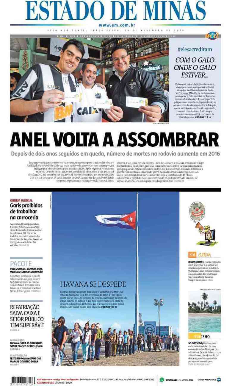 Confira a Capa do Jornal Estado de Minas do dia 29/11/2016