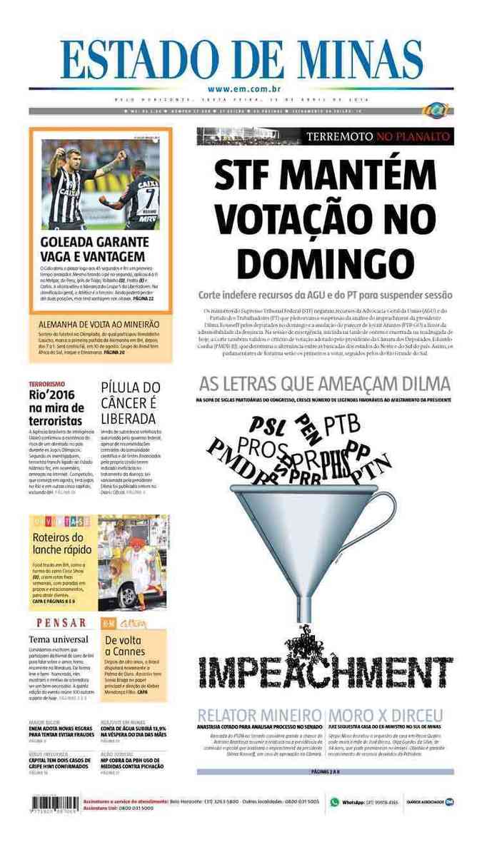 Confira a Capa do Jornal Estado de Minas do dia 15/04/2016