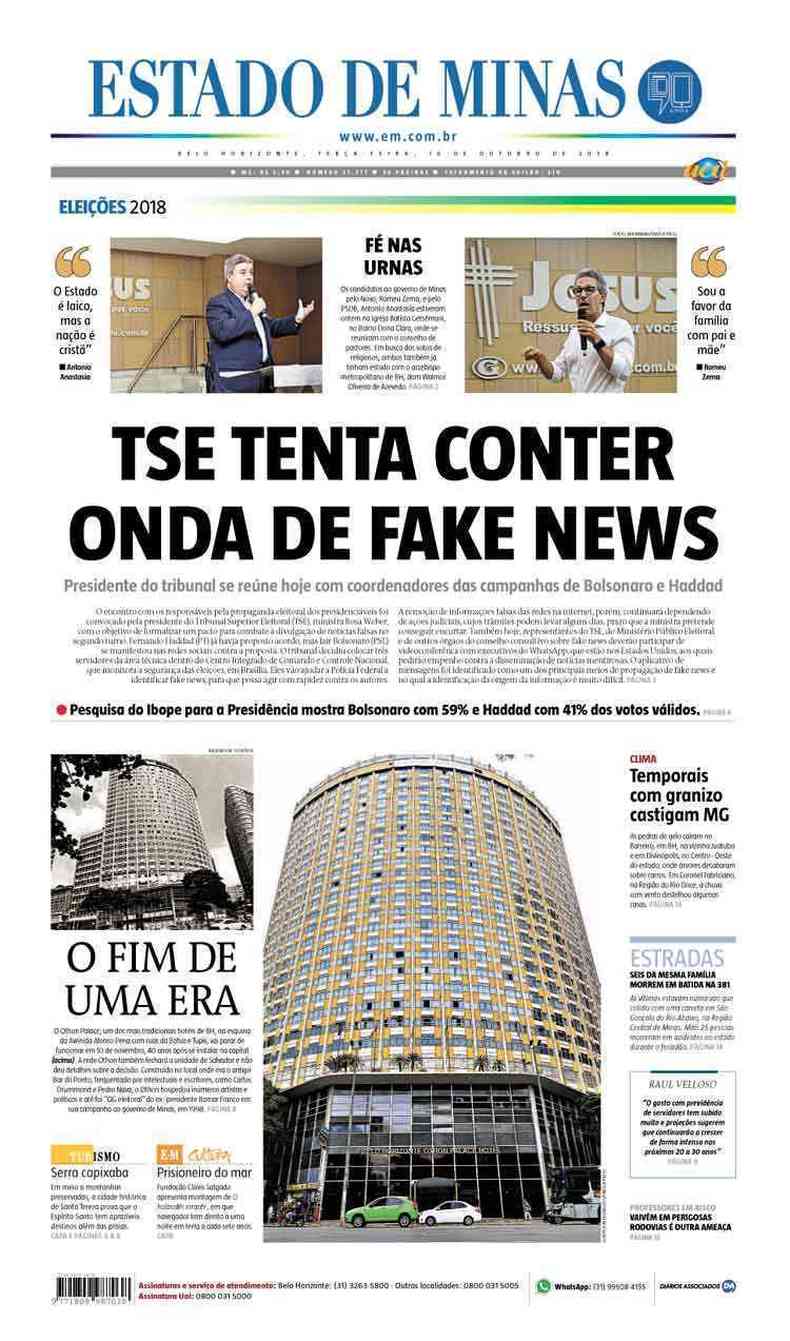 Confira a Capa do Jornal Estado de Minas do dia 16/10/2018(foto: Estado de Minas)