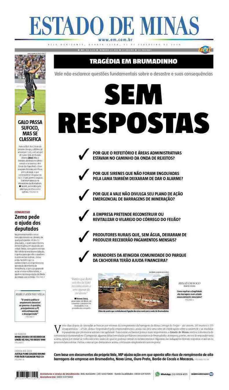 Confira a Capa do Jornal Estado de Minas do dia 13/02/2019(foto: Estado de Minas)