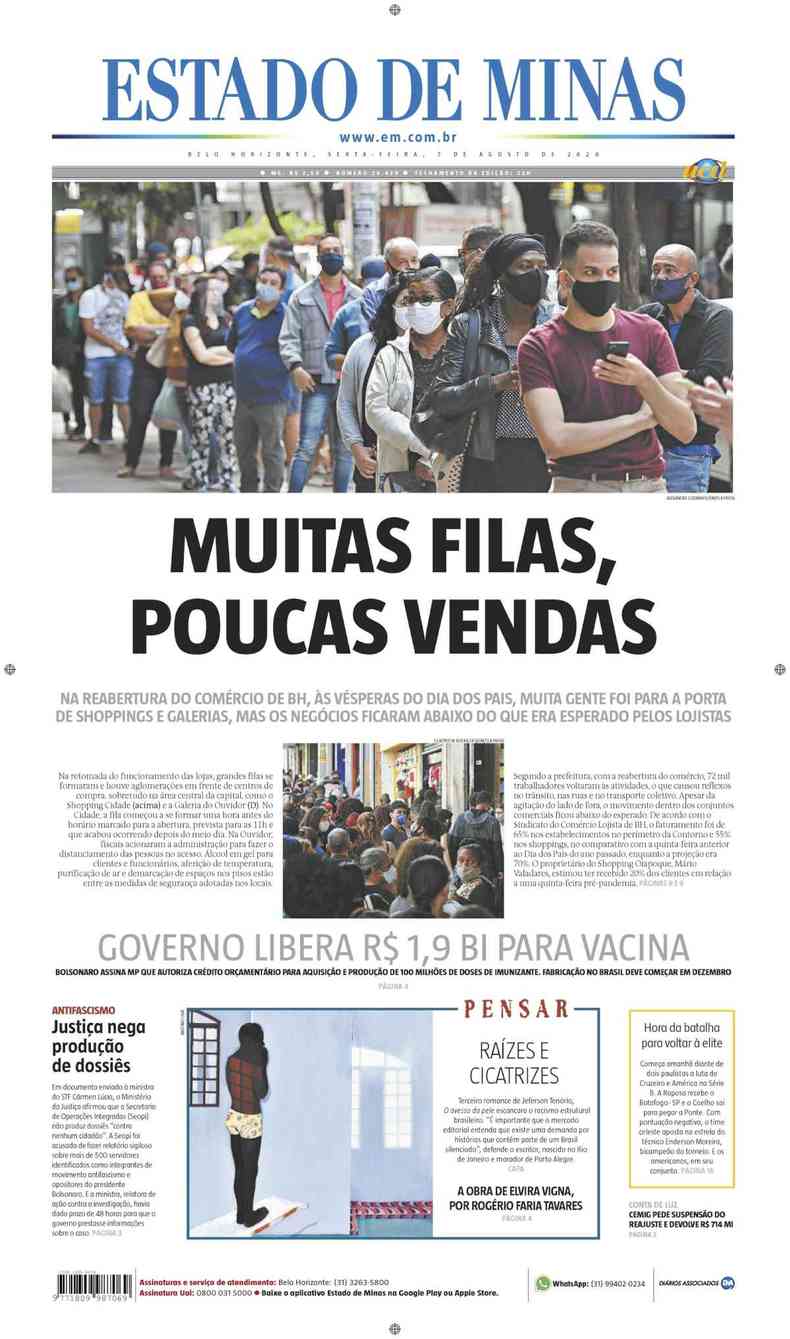 Confira a Capa do Jornal Estado de Minas do dia 07/08/2020(foto: Estado de Minas)