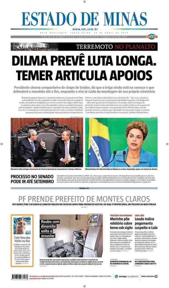 Confira a Capa do Jornal Estado de Minas do dia 19/04/2016