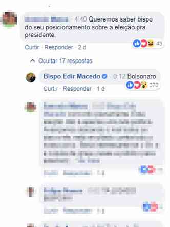 Edir Macedo declarou apoio ao candidato respondendo a pergunta de um seguidor(foto: Reproduo da internet/Facebook)