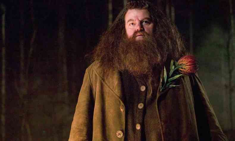 Ator Robbie Coltrane caracterizado como o grandalho Hagrid em filme da franquia Harry Potter