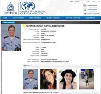 A partir de agora, a foto, nome completo e outros dados da oficial esto disponveis no site da organizao, com alerta internacional(foto: Reproduo Internet/Interpol)