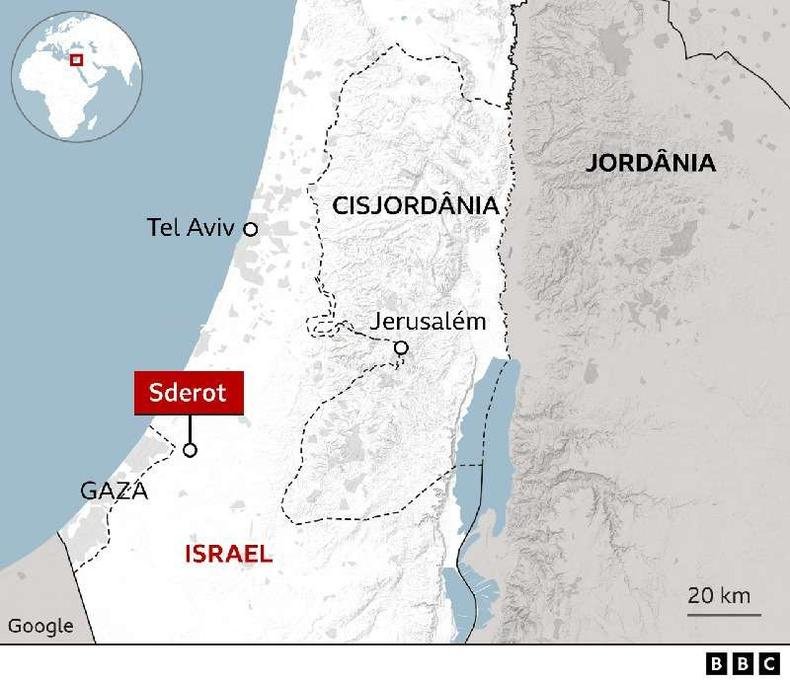 No mapa, é possível ver os territórios palestinos da Cisjordânia e da Faixa de Gaza (pontilhados) e a cidade israelense que foi um dos epicentros do ataque do Hamas: Sderot(foto: BBC) No mapa, é possível ver os territórios palestinos da Cisjordânia e da Faixa de Gaza (pontilhados) e a cidade israelense que foi um dos epicentros do ataque do Hamas: Sderot
