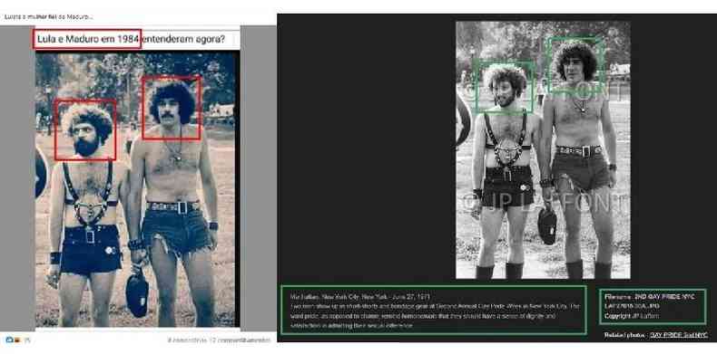 Comparação entre foto viral e registro original, que mostra dois homens na Segunda Semana Anual do Orgulho Gay de Nova York em 1971, no site oficial do fotojornalista Jean-Pierre Laffont