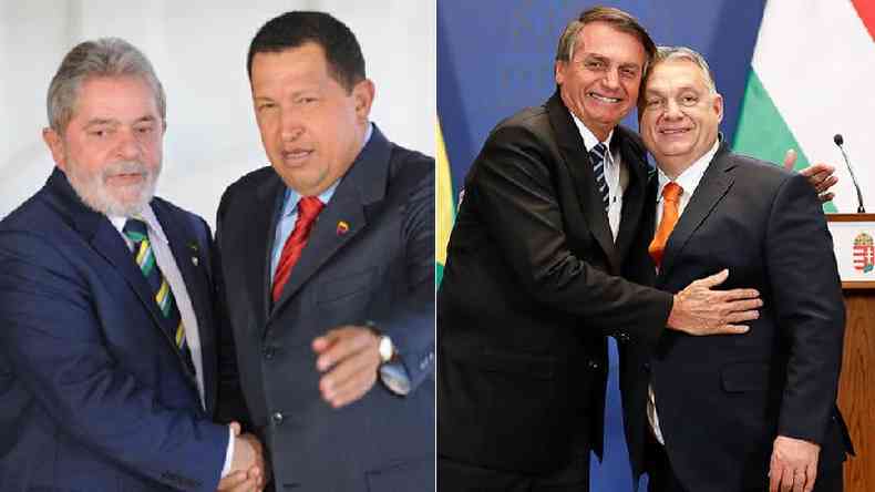 Montagem com as fotos de Lula e Hugo Chvez e Bolsonaro e Viktor Orbn