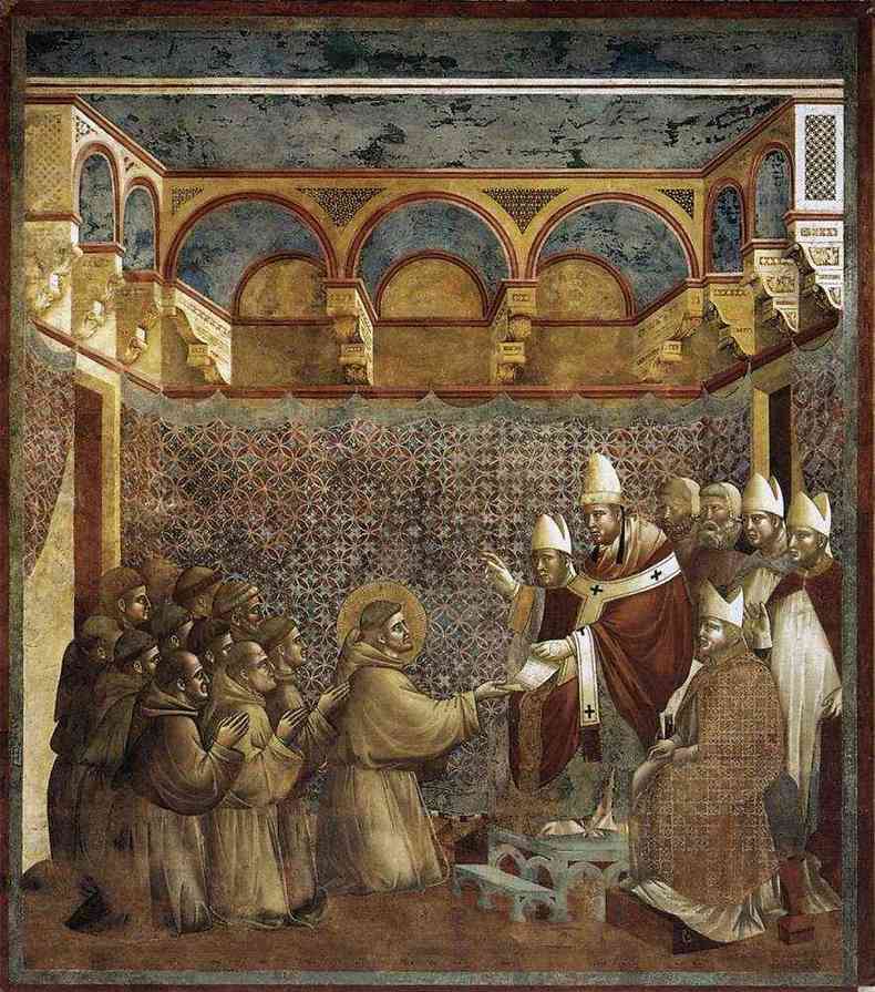 Encontro de So Francisco e seus discpulos com o papa Inocncio: a pobreza desses chocou inicialmente a corte da Igreja Catlica.(foto: Giotto di Bodone)