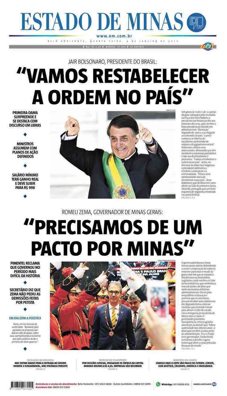 Confira a Capa do Jornal Estado de Minas do dia 02/01/2019(foto: Estado de Minas)