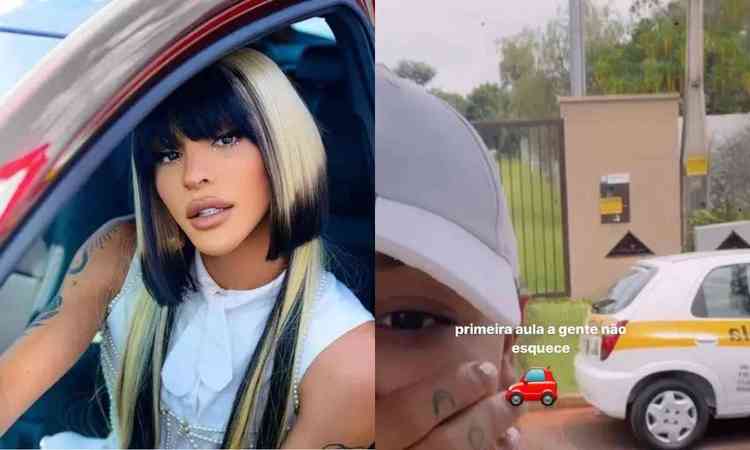Montagem de duas fotos de redes sociais mostra a drag queen ao volante e outra mostrando o carro da autoescola