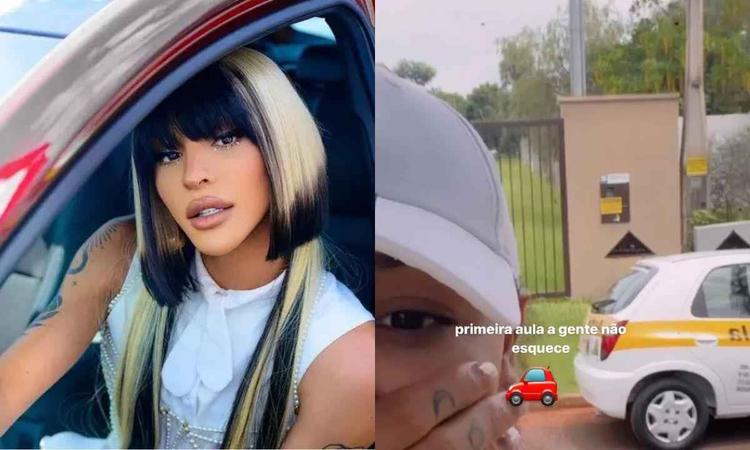 Montagem de duas fotos de redes sociais mostra a drag queen ao volante e outra mostrando o carro da autoescola