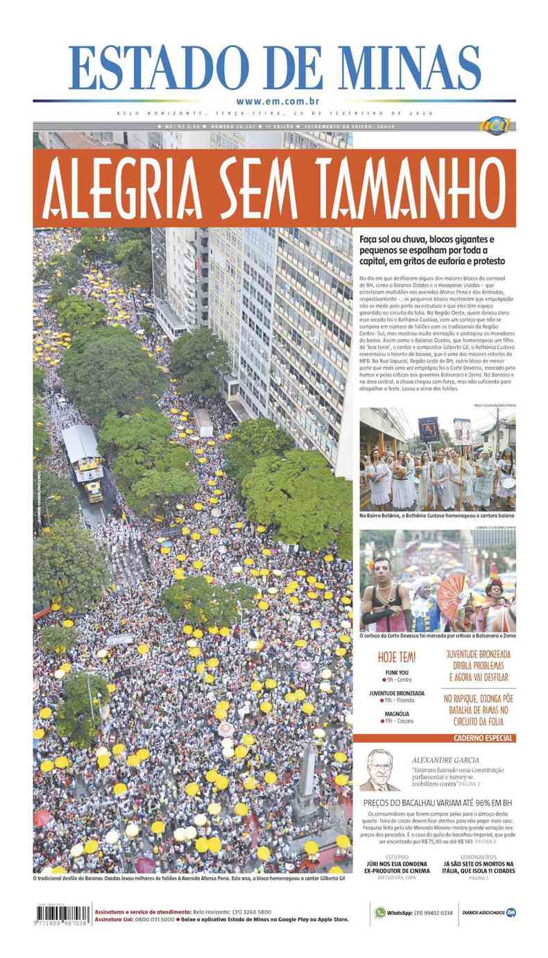 Confira a Capa do Jornal Estado de Minas do dia 25/02/2020(foto: Estado de Minas)