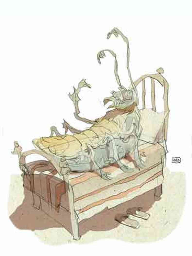 Ilustrao alusiva a O processo, de Kafka, mostra barata deitada numa cama com as antenas e patas para cima 