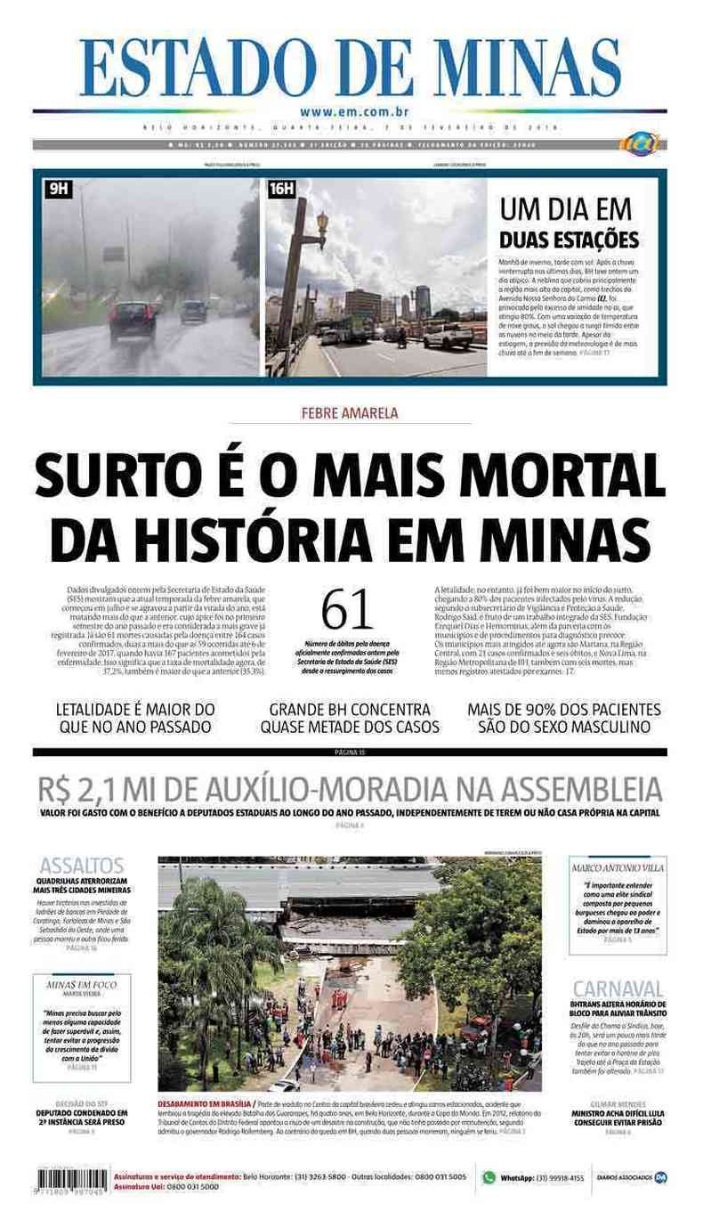 Confira a Capa do Jornal Estado de Minas do dia 07/02/2018