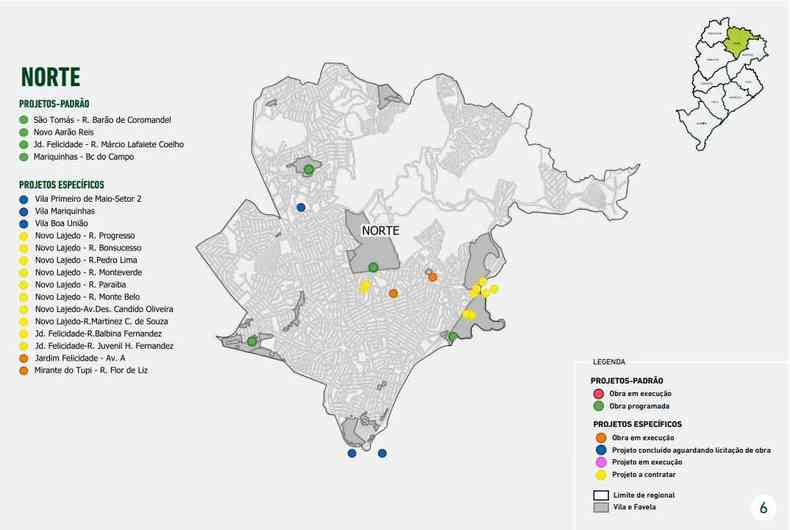 Mapa com obras previstas na Regional Norte- PBH