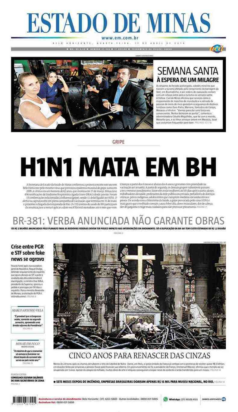 Confira a Capa do Jornal Estado de Minas do dia 17/04/2019(foto: Estado de Minas)