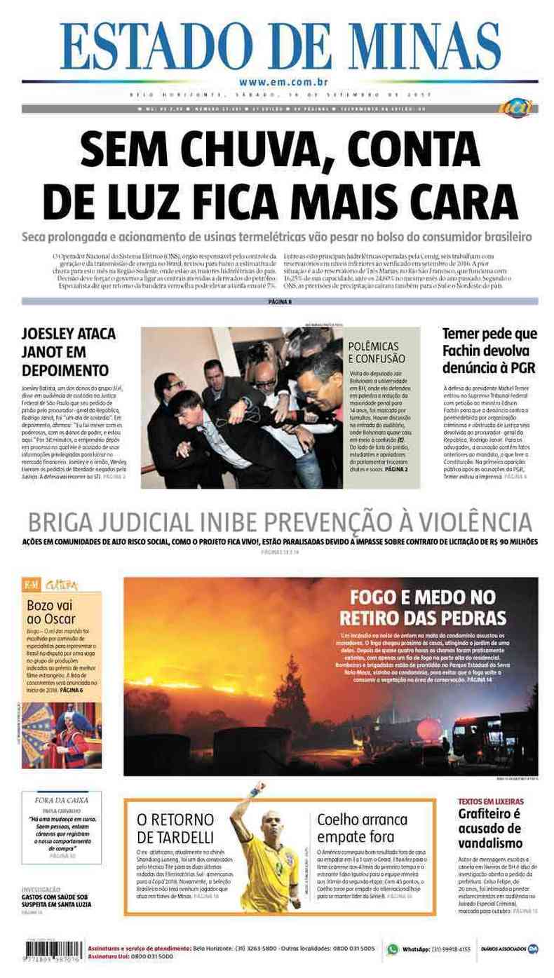 Confira a Capa do Jornal Estado de Minas do dia 16/09/2017