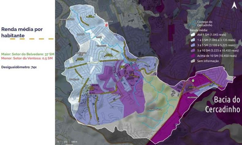 Mapa que mostra a desigualdade de renda na bacia do cercadinho