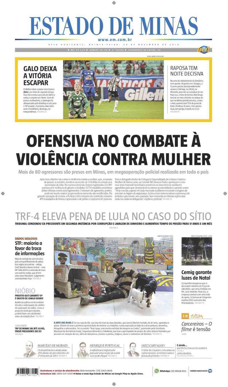 Confira a Capa do Jornal Estado de Minas do dia 28/11/2019(foto: Estado de Minas)