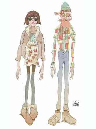 Ilustrao mostra casal com visual indie: ela de minissaia, casaco e botino, ele de blusa xadrez, barba e bon, com look lenhador