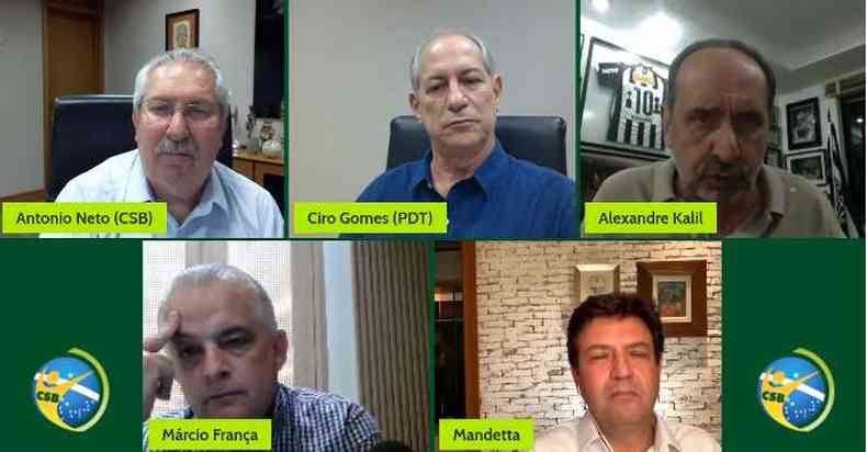 Kalil, Mandetta, Ciro e Mrcio Frana debateram sobre poltica e pandemia nesta sexta (30/4) em transmisso ao vivo (foto: Reproduo/YouTube)