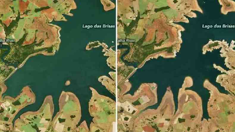 Comparao mostra impacto da seca no Lago das Brisas (MG): a imagem  esquerda foi registrada em 12 de junho de 2019 e a imagem  direita, em 17 de junho deste ano(foto: NASA)