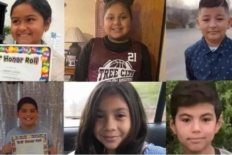 Fotos de Amerie Jo Garza, Ellie Lugo, Xavier Lopez (acima), Jose Flores, Nevaeh Bravo e Uziyah Garcia (abaixo)