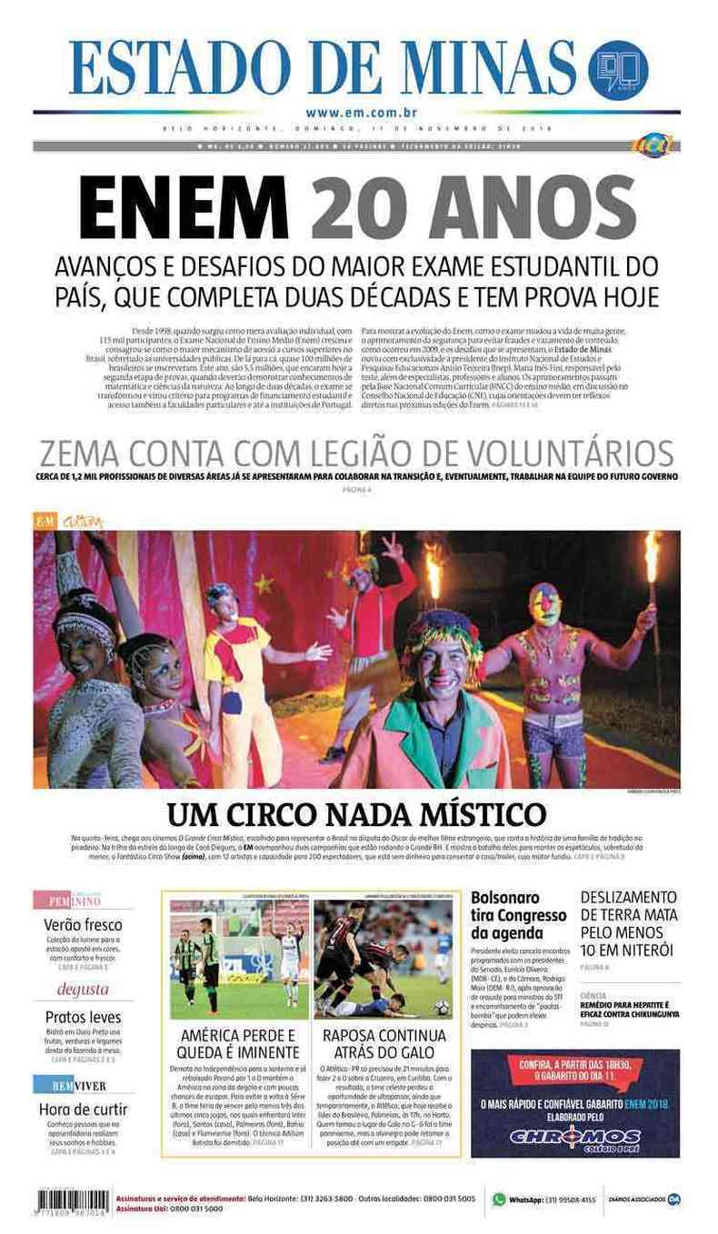 Confira a Capa do Jornal Estado de Minas do dia 11/11/2018(foto: Estado de Minas)