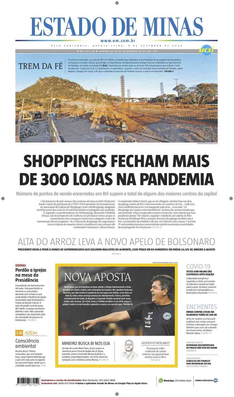 Confira a Capa do Jornal Estado de Minas do dia 09/09/2020(foto: Estado de Minas)