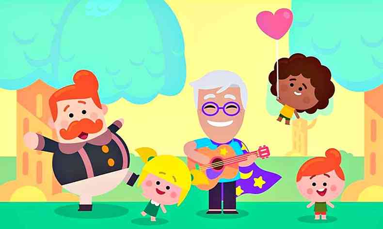 Caetano Veloso é como personagem de animação colorida, de capa com estrelas, toca violão ao lado de crianças e de um personagem de bigode 