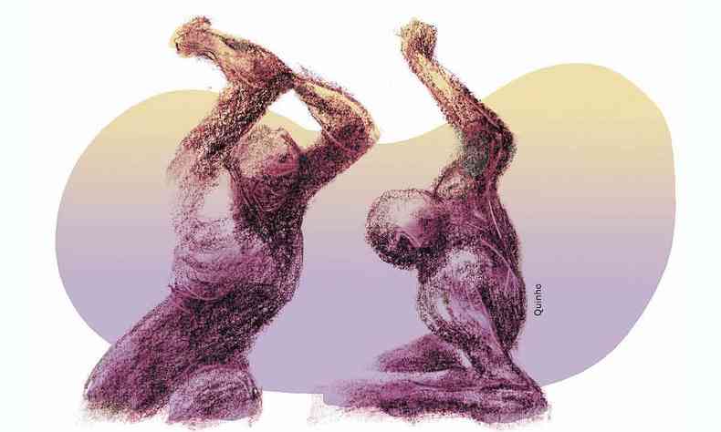 Ilustrao mostra corpos feminino e masculino, frente a frente, com as mos levantadas, em clima de agresso