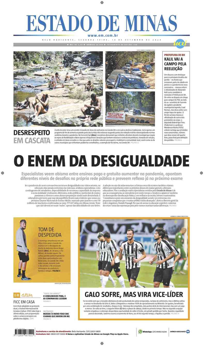 Confira a Capa do Jornal Estado de Minas do dia 14/09/2020(foto: Estado de Minas)