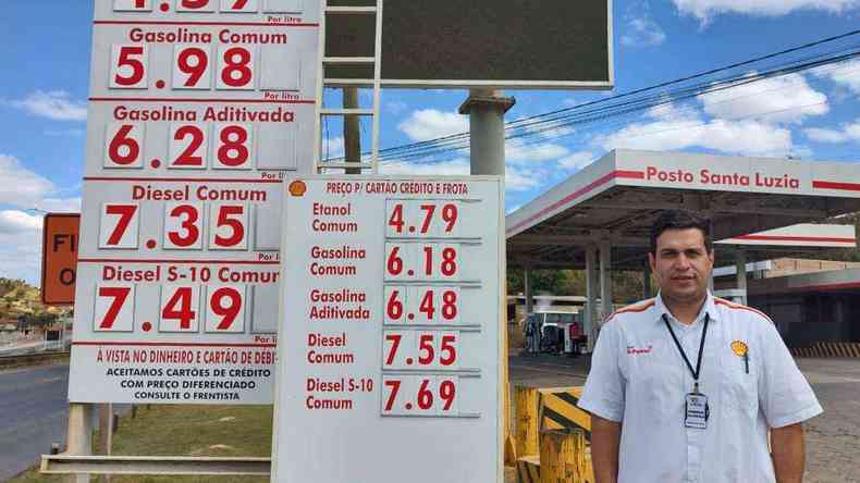 Homem à esquerda, ao lado de uma placa com preços dos combustíveis no posto de gasolina; gasolina está a R$5,98.