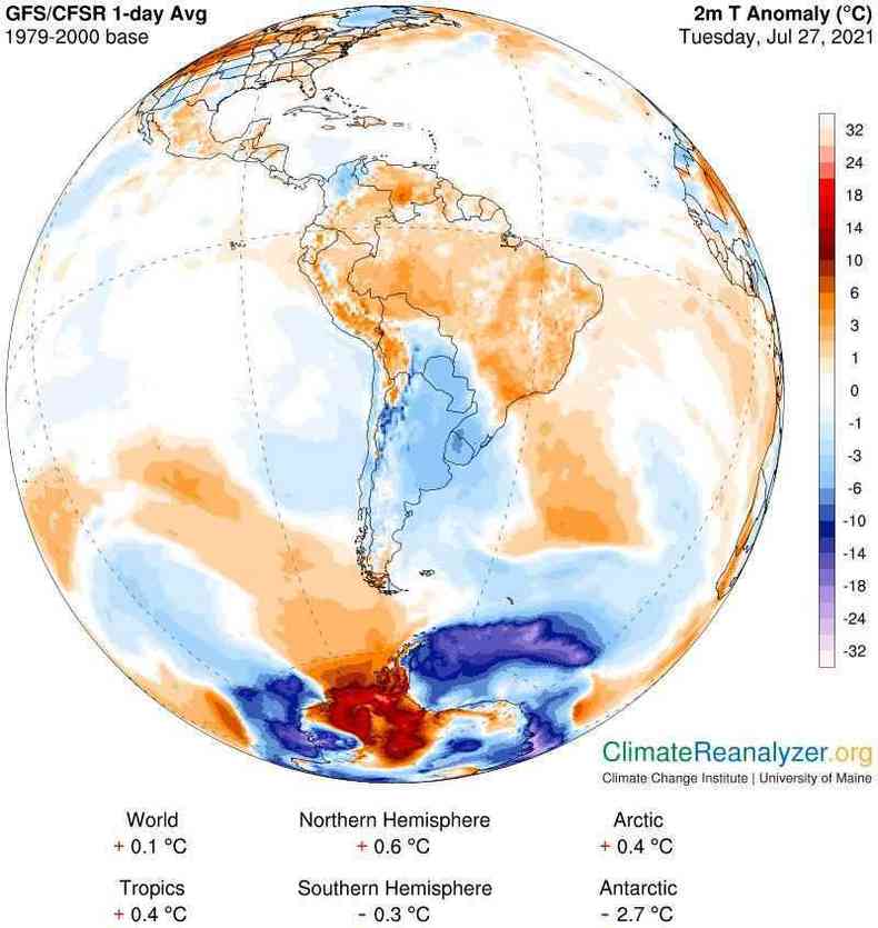 Imagem computadorizada da ltima tera (27/7) mostra massa de ar quente deixando a Amrica do Sul rumo  Antrtida enquanto massa de ar frio deixa a Antrtida rumo  Amrica do Sul