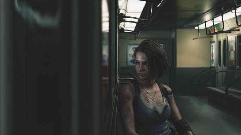 Esta cena da heroína de Resident Evil 3, Jill Valentine, sentada em um vagão de trem, remete aos deslocamentos diários da população para o trabalho(foto: Leo Sang/Capcom)