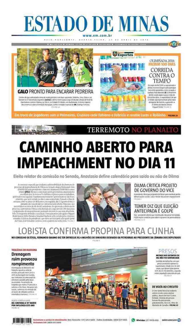 Confira a Capa do Jornal Estado de Minas do dia 27/04/2016