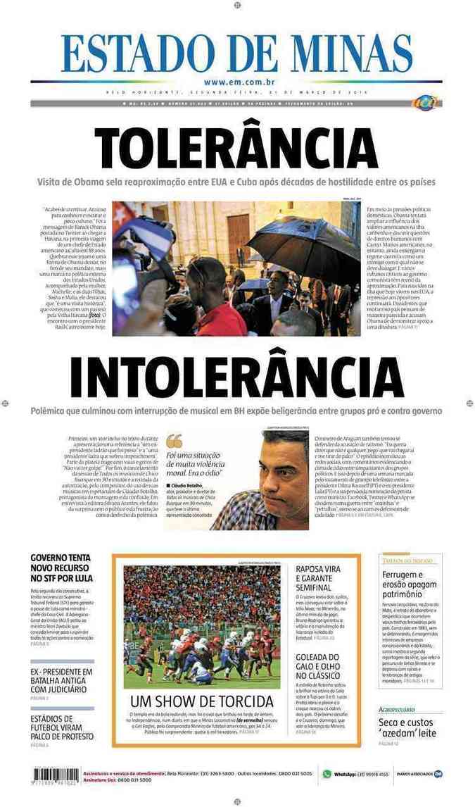 Confira a Capa do Jornal Estado de Minas do dia 21/03/2016
