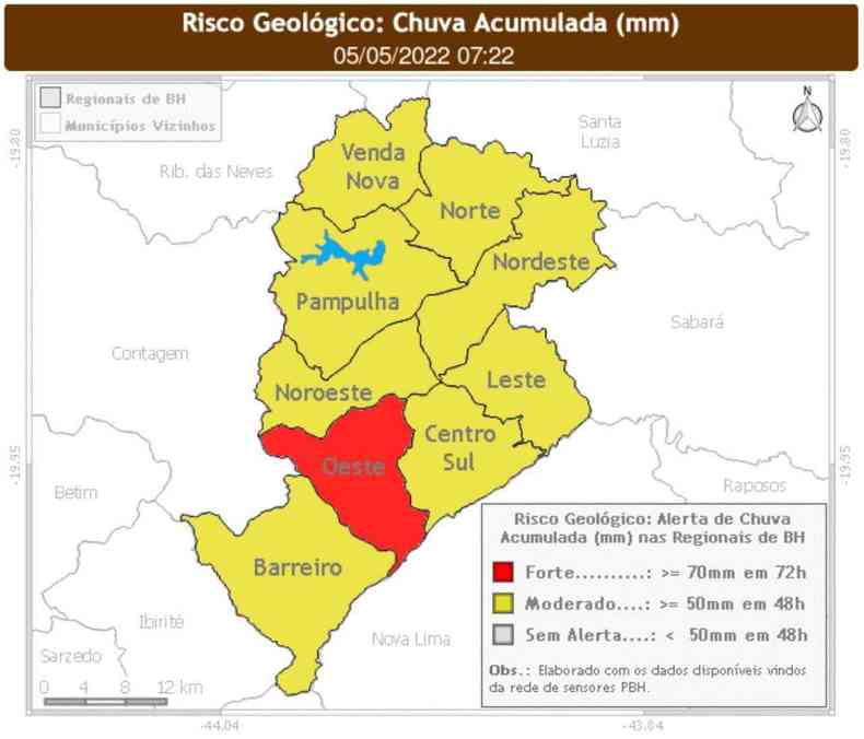 Mapa que destaca as regionais em risco geologico