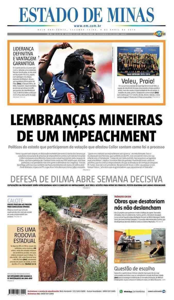 Confira a Capa do Jornal Estado de Minas do dia 04/04/2016
