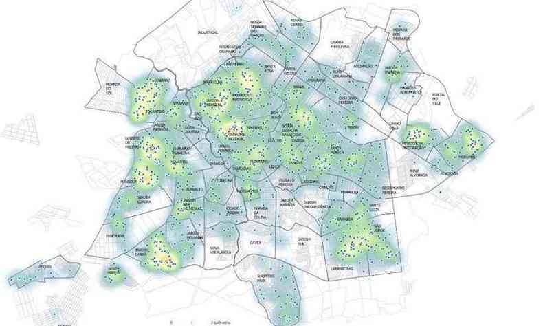 Mapa de calor que informa a contaminao da doena por rea em Uberlndia(foto: Reproduo/ Internet)