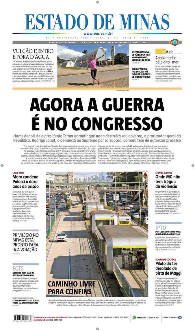 Confira a Capa do Jornal Estado de Minas do dia 27/06/2017